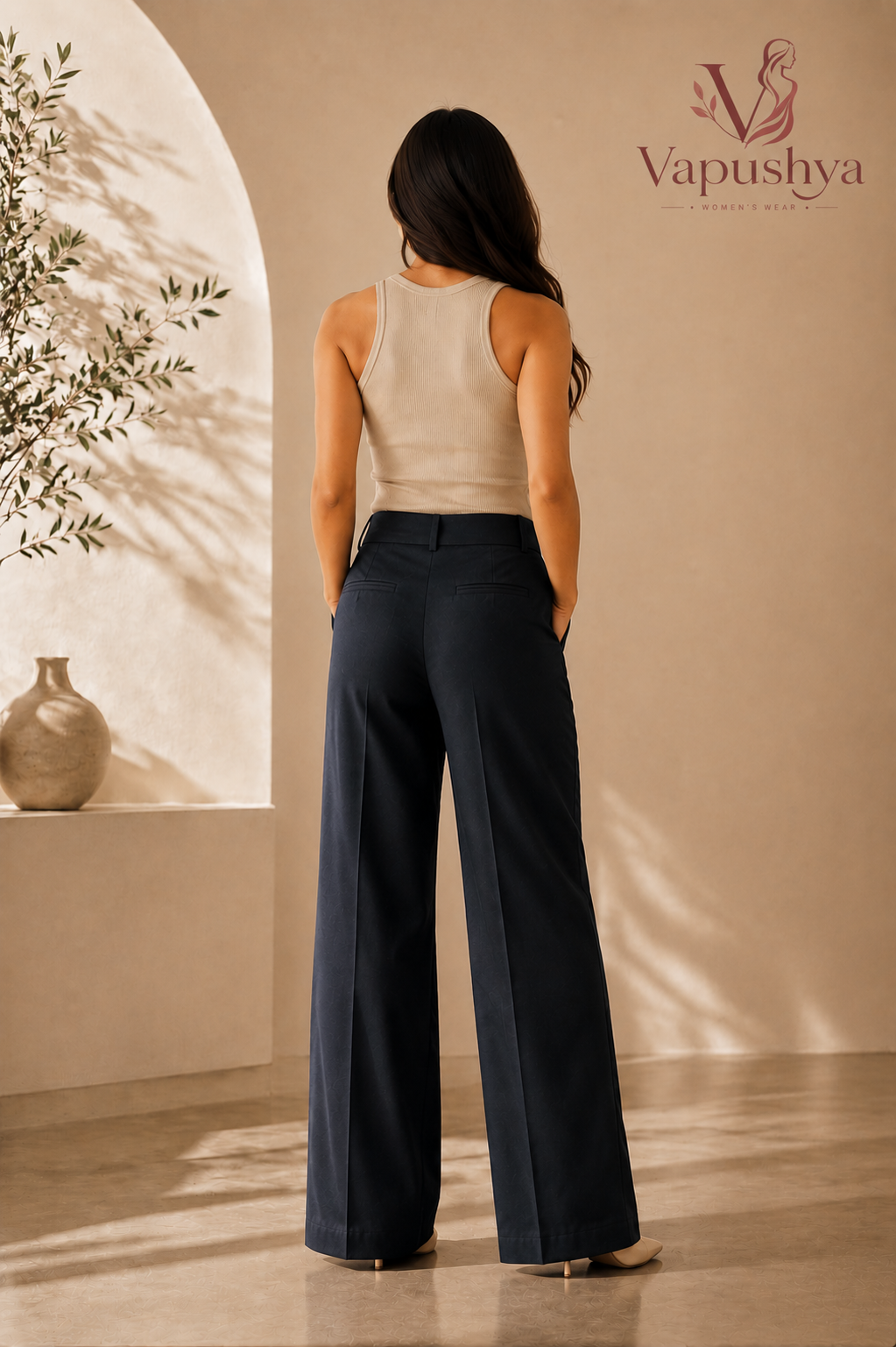 Navy blue high waist wide leg pants - full length front