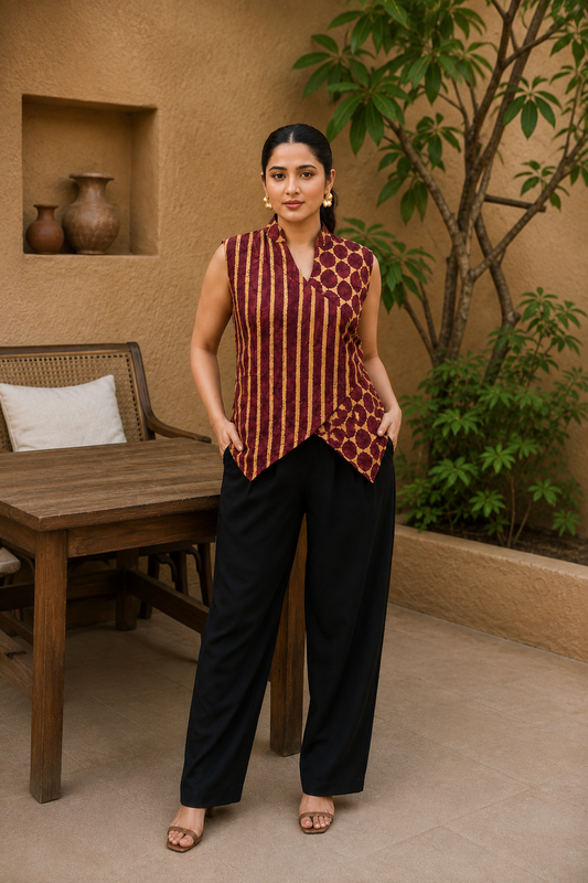 Deep maroon & mustard gold Cotton Angrakha Fusion WaistCoat Top