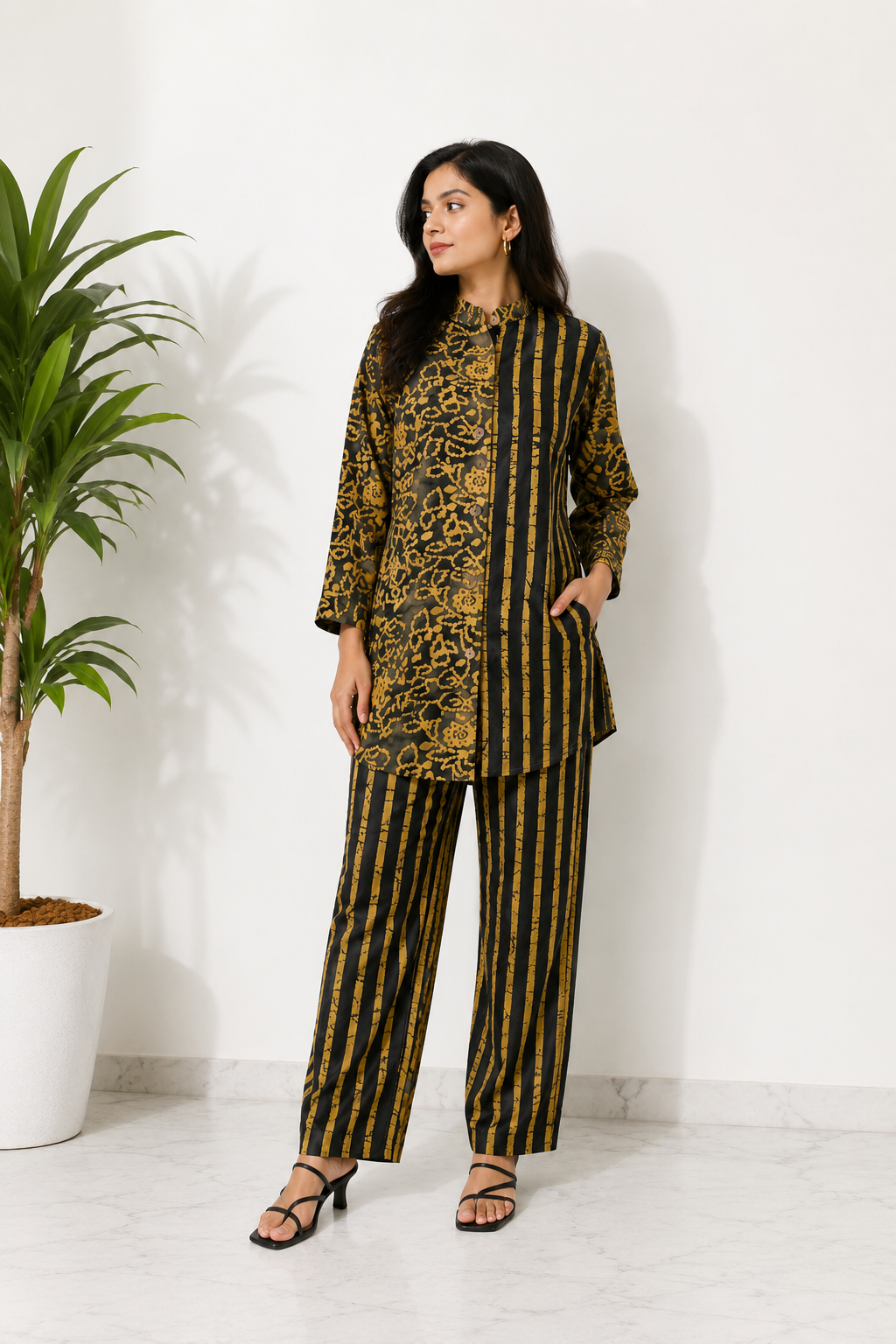 Black, mustard gold & teal Cotton Batik Stripe Ethnic Co-ord Set