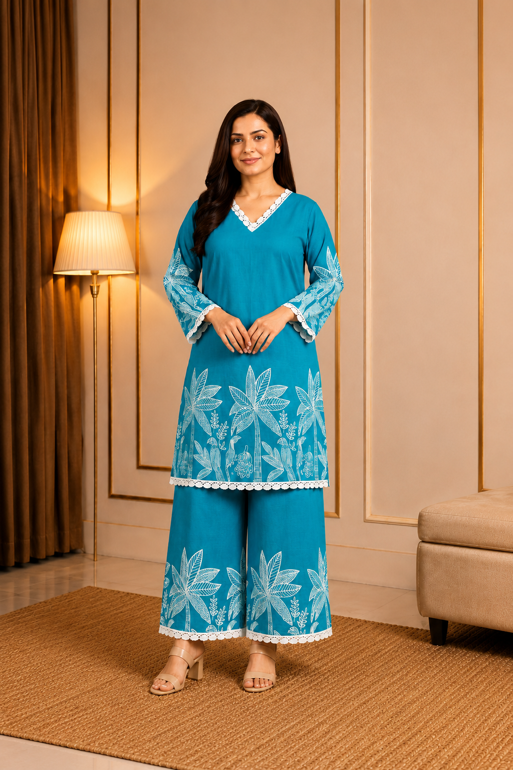 Cerulean blue & white Cotton Palm Co-ord Set