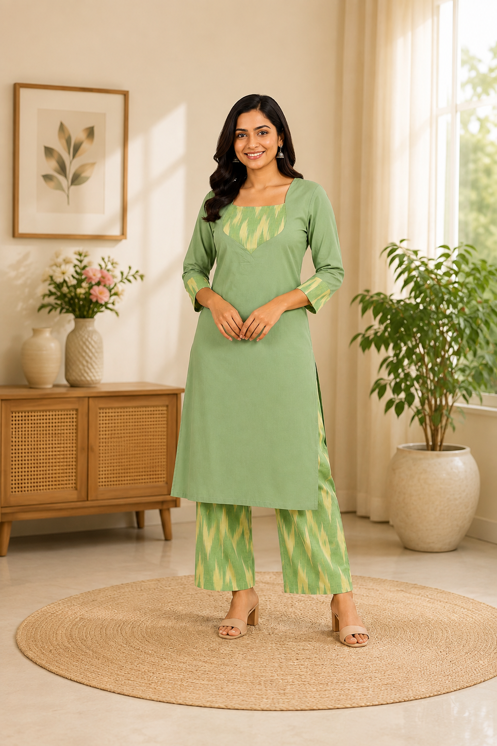 Sage green & cream Cotton Lime Ikat Kurta Pant Set