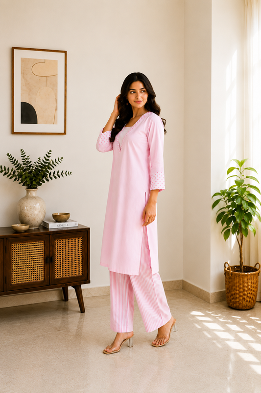 Pastel pink & gold stripe Cotton Polka Kurti & Pant Set