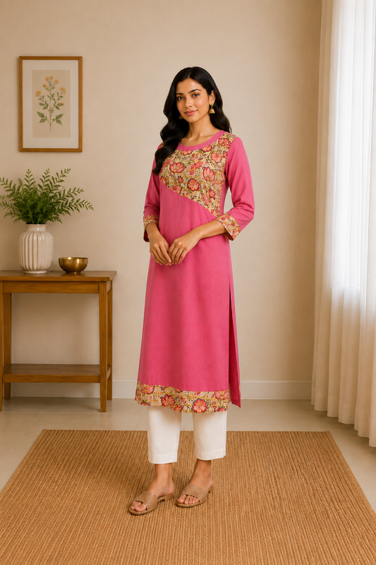 Floral Asymmetry Kurta - Rose pink with multicolour floral print