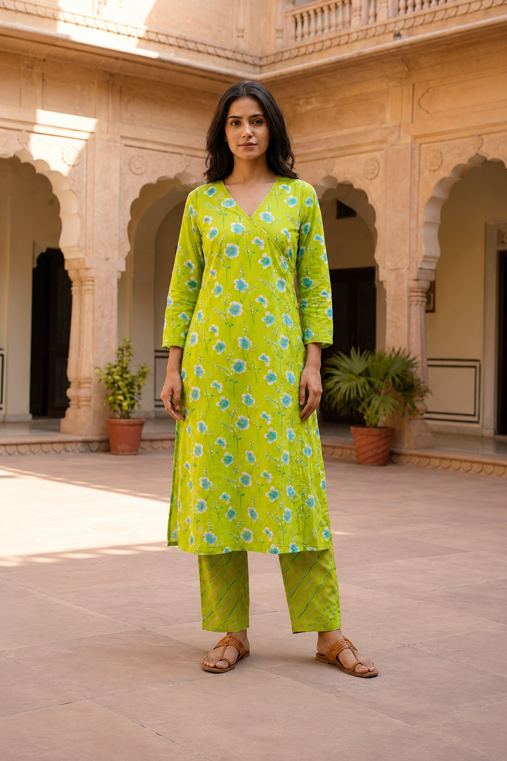 Green Floral Angrakha Kurta Set