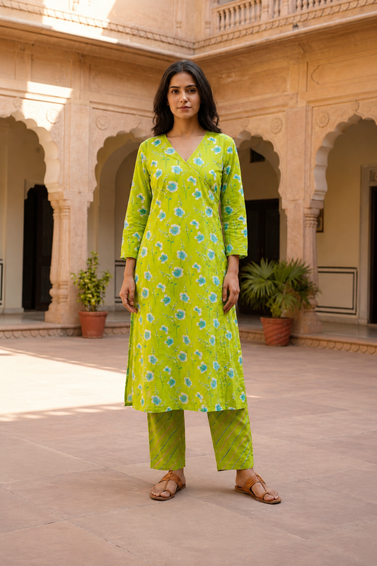 Green Floral Angrakha Kurta Set