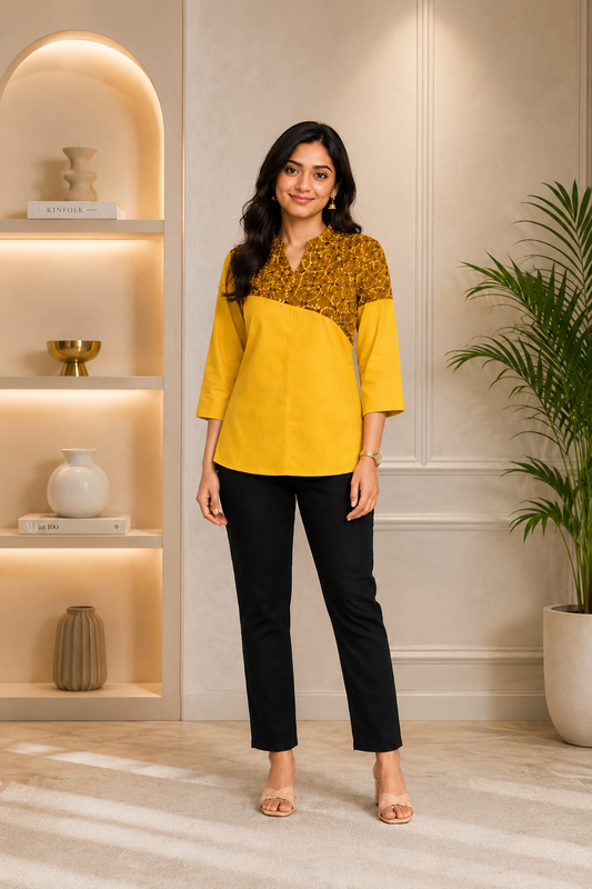 Yellow cotton Earthy Chic Block Print Top
