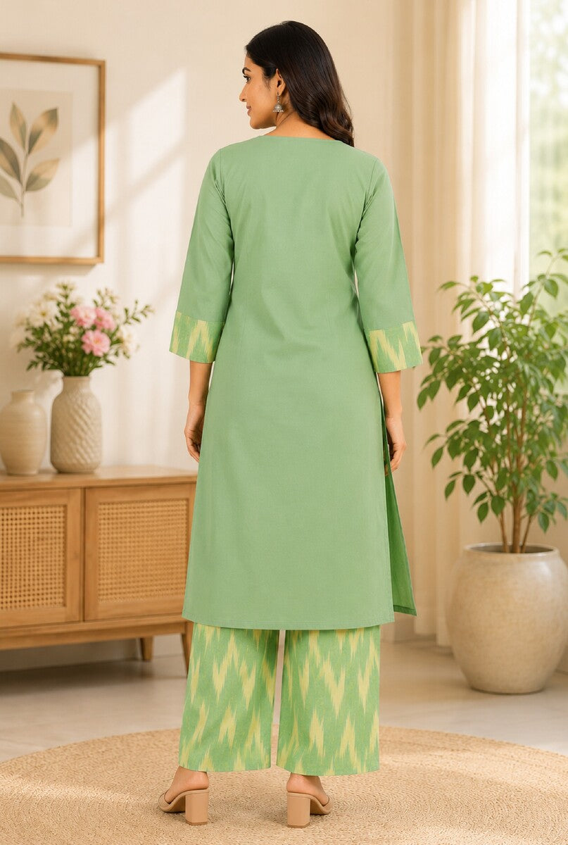 Sage green & cream Cotton Lime Ikat Kurta Pant Set
