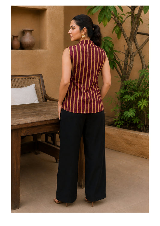 Deep maroon & mustard gold Cotton Angrakha Fusion WaistCoat Top