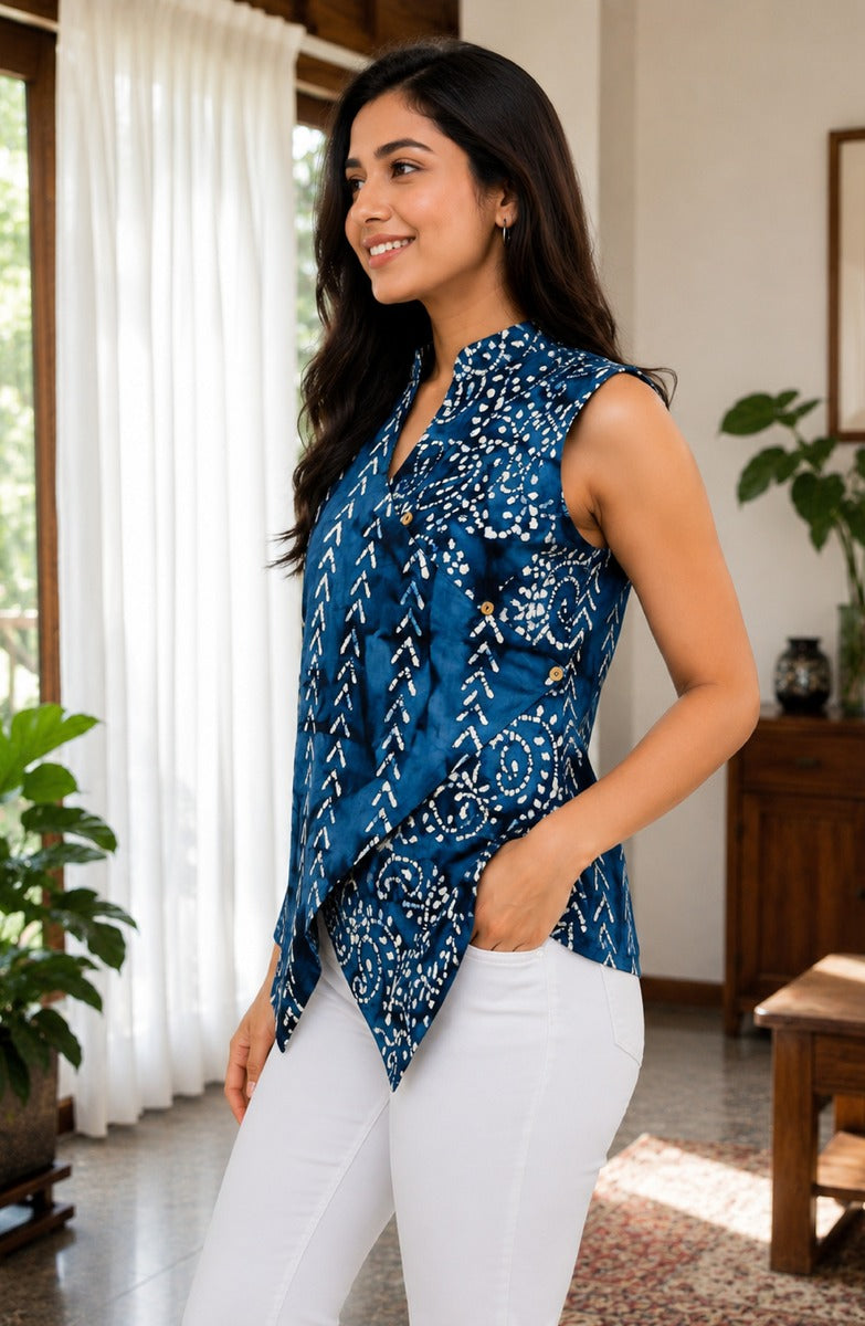 Classic Indigo blue & white Cotton Angrakha Fusion WaistCoat Top