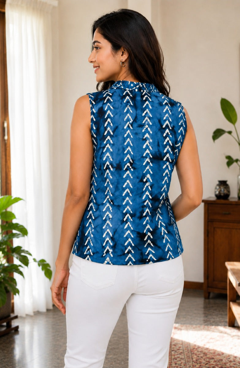 Classic Indigo blue & white Cotton Angrakha Fusion WaistCoat Top