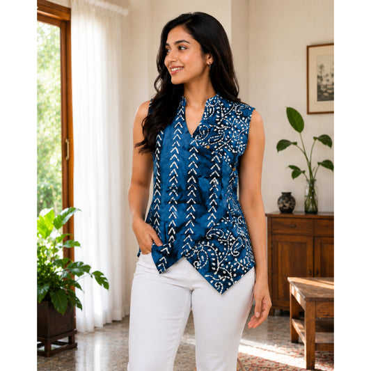 Classic Indigo blue & white Cotton Angrakha Fusion WaistCoat Top