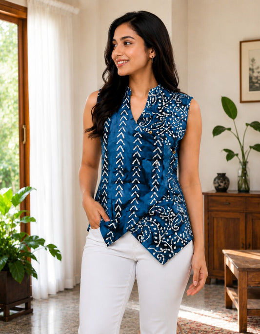 Classic Indigo blue & white Cotton Angrakha Fusion WaistCoat Top