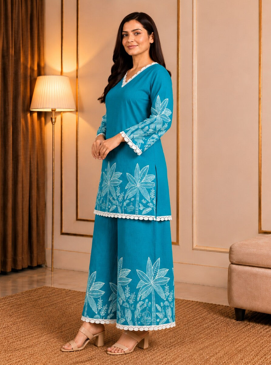 Cerulean blue & white Cotton Palm Co-ord Set