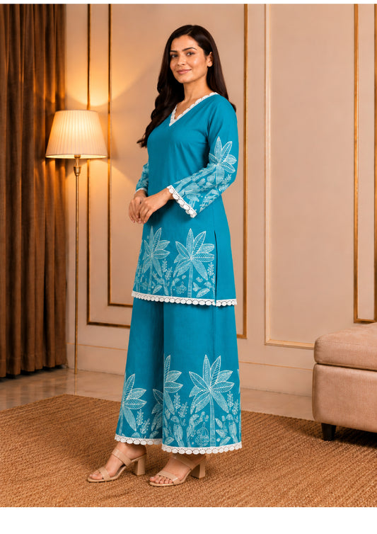 Cerulean blue & white Cotton Palm Co-ord Set