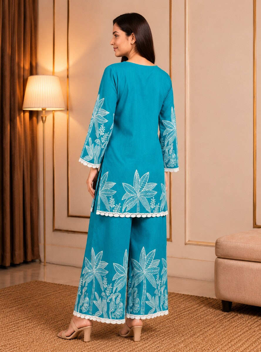 Cerulean blue & white Cotton Palm Co-ord Set