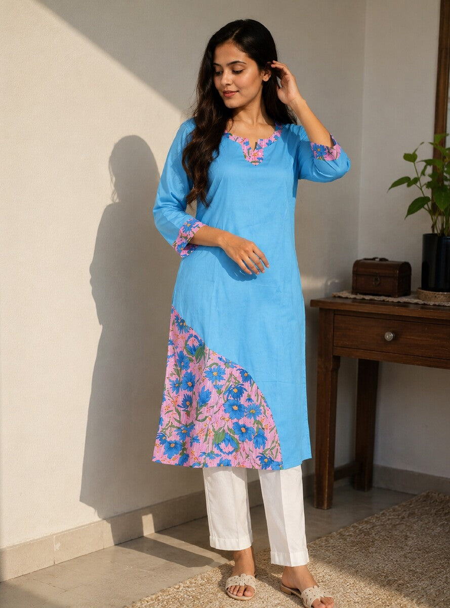 Sky blue & pink floral Cotton Asymmetry Kurta