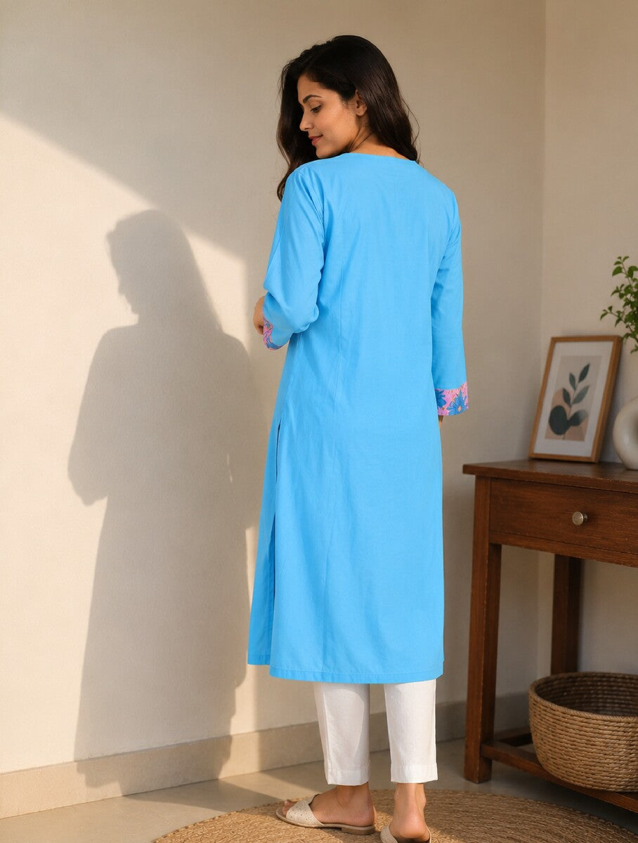Sky blue & pink floral Cotton Asymmetry Kurta