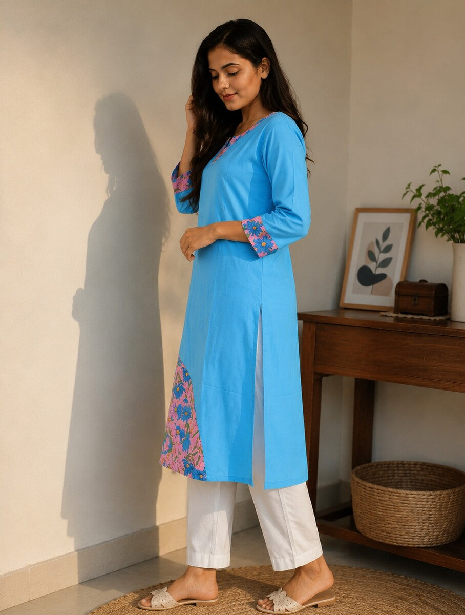 Sky blue & pink floral Cotton Asymmetry Kurta