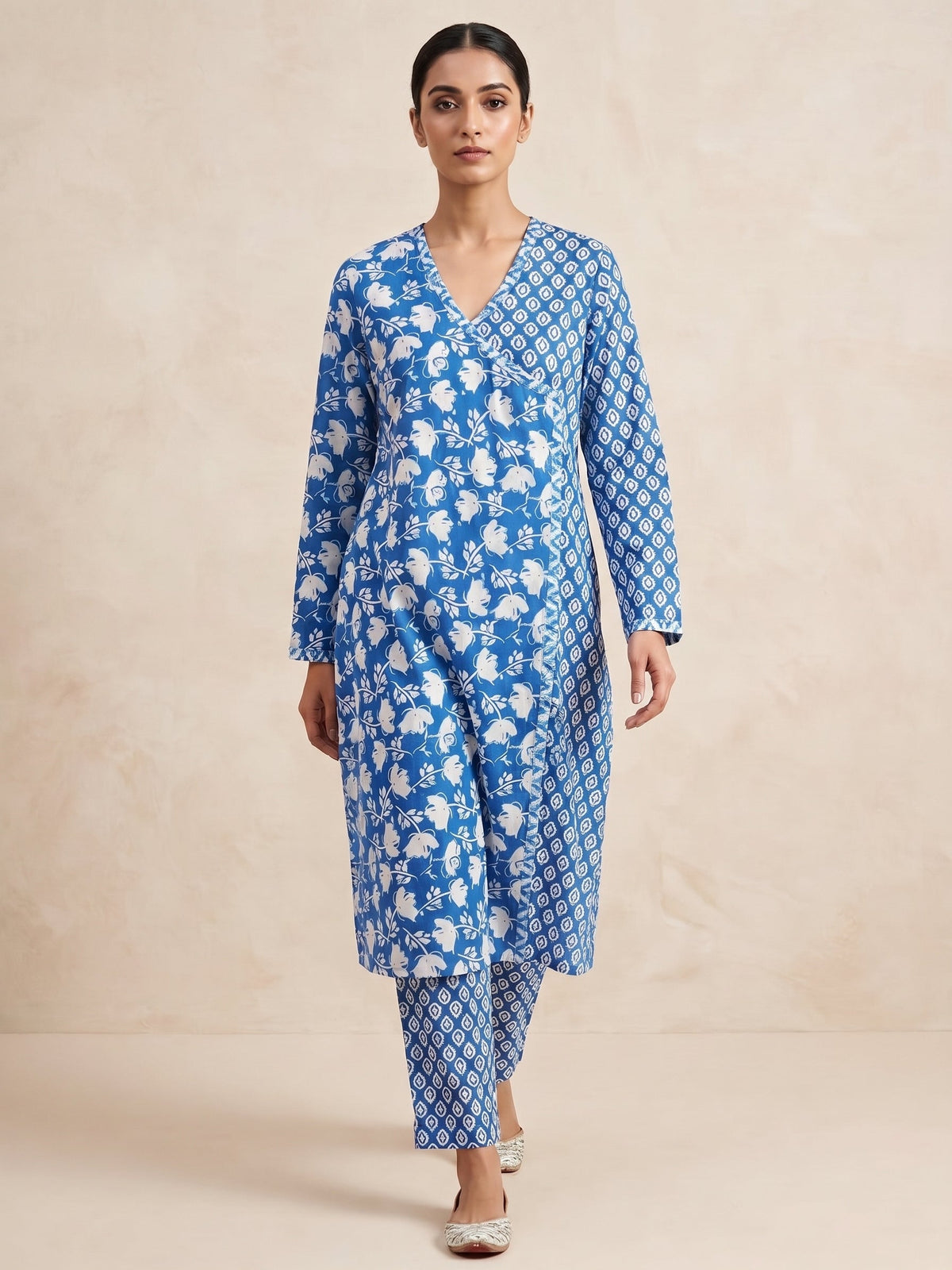 Blue floral angrakha kurta set - back view