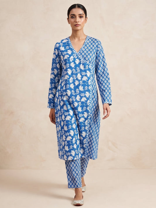 Blue floral angrakha kurta set - back view