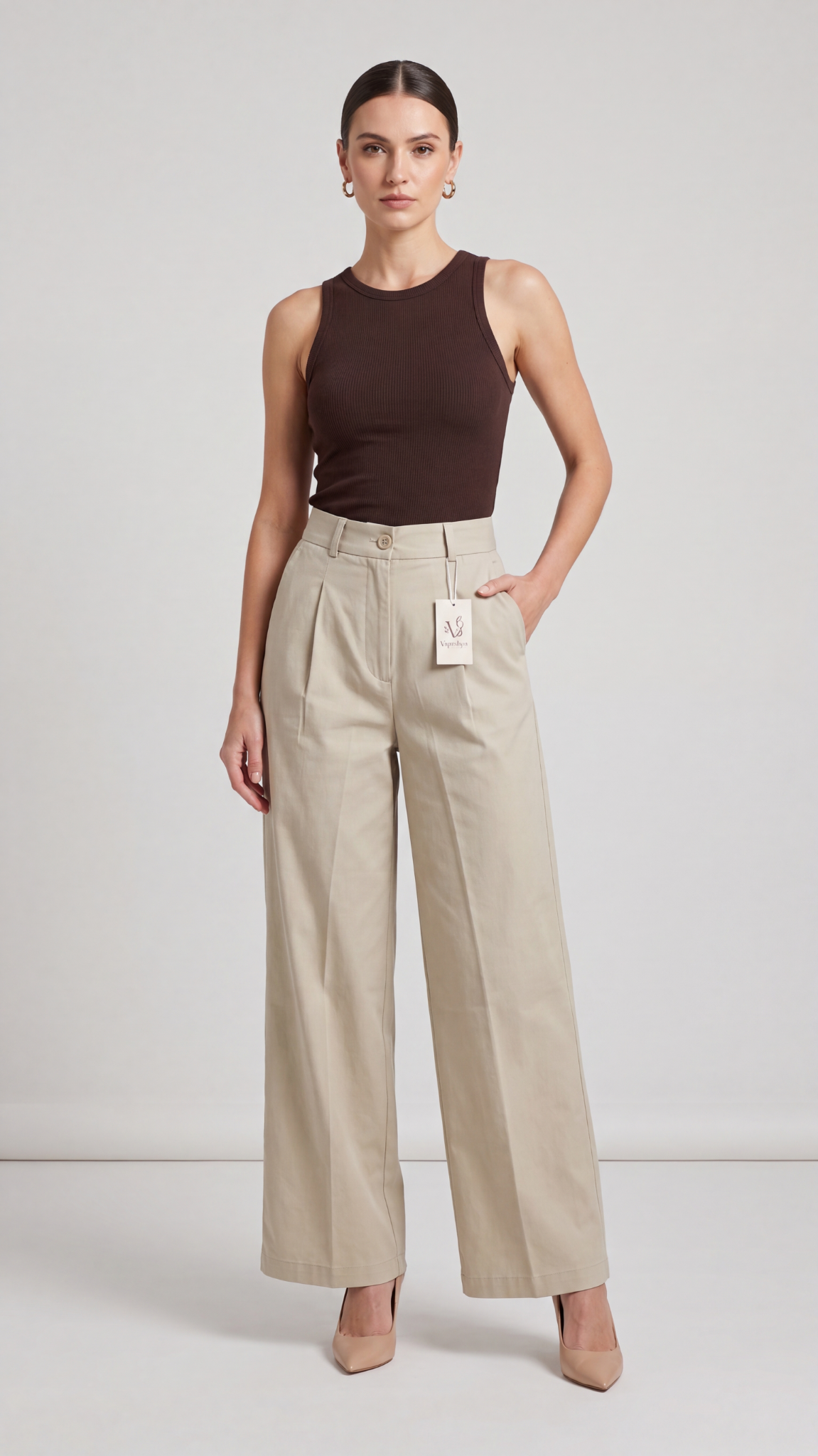Cream High Waist Wide Leg Pants