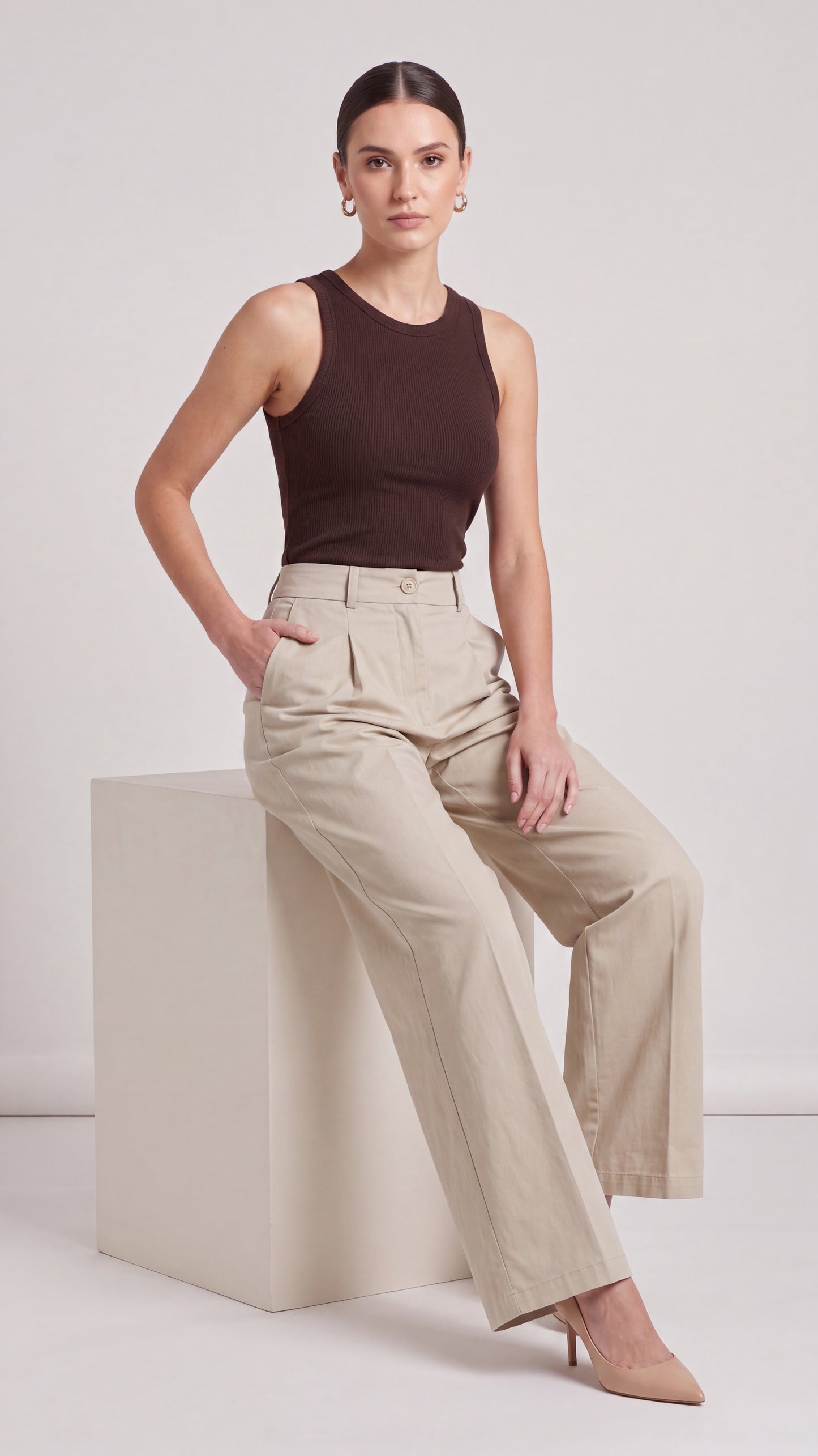 Cream High Waist Wide Leg Pants