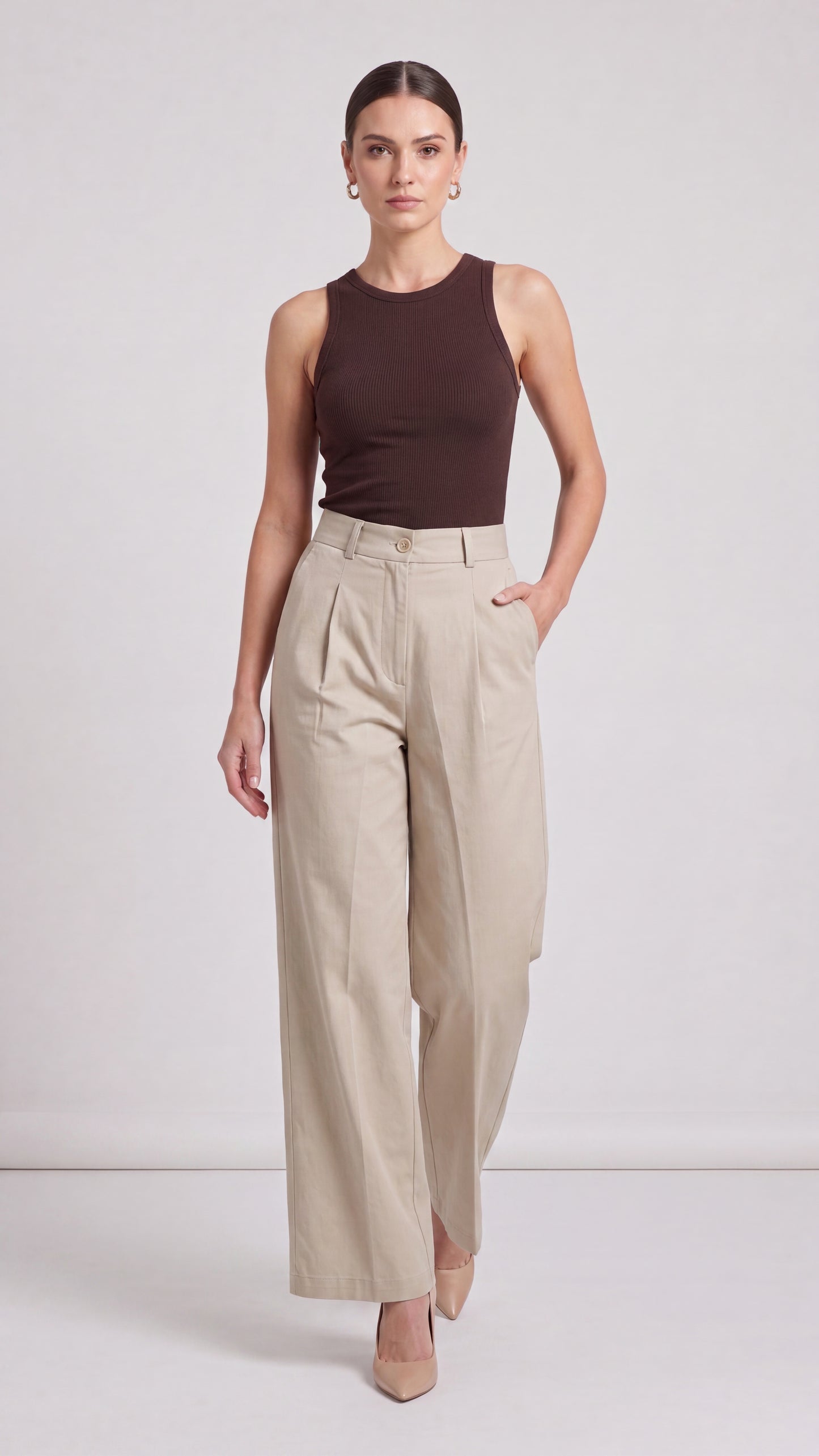 Cream High Waist Wide Leg Pants