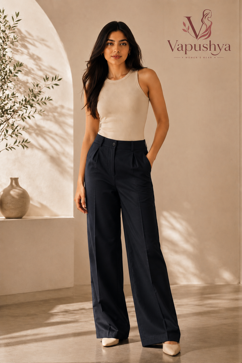 Navy blue high waist wide leg pants - front view