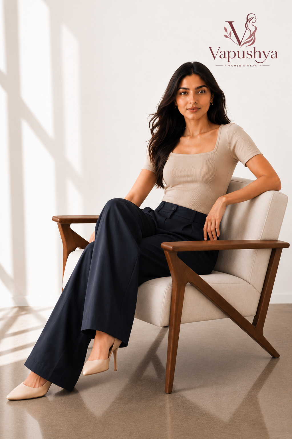 Navy blue high waist wide leg pants - seated view