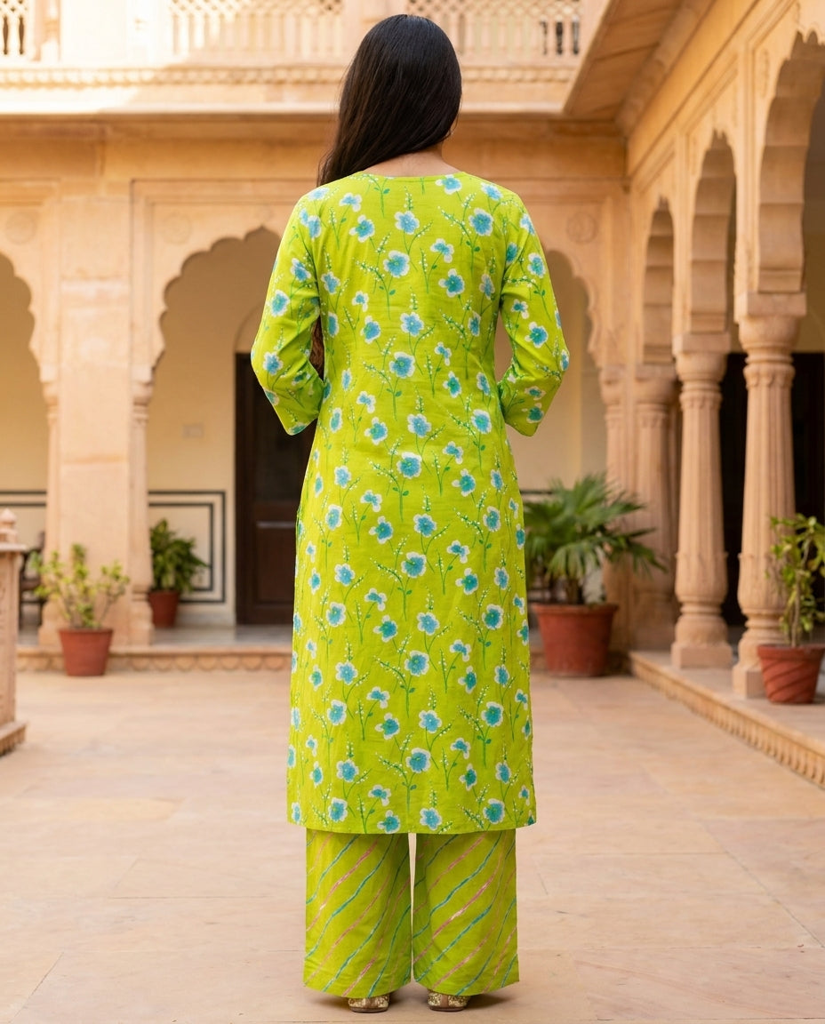 Green floral cotton kurta set - back view