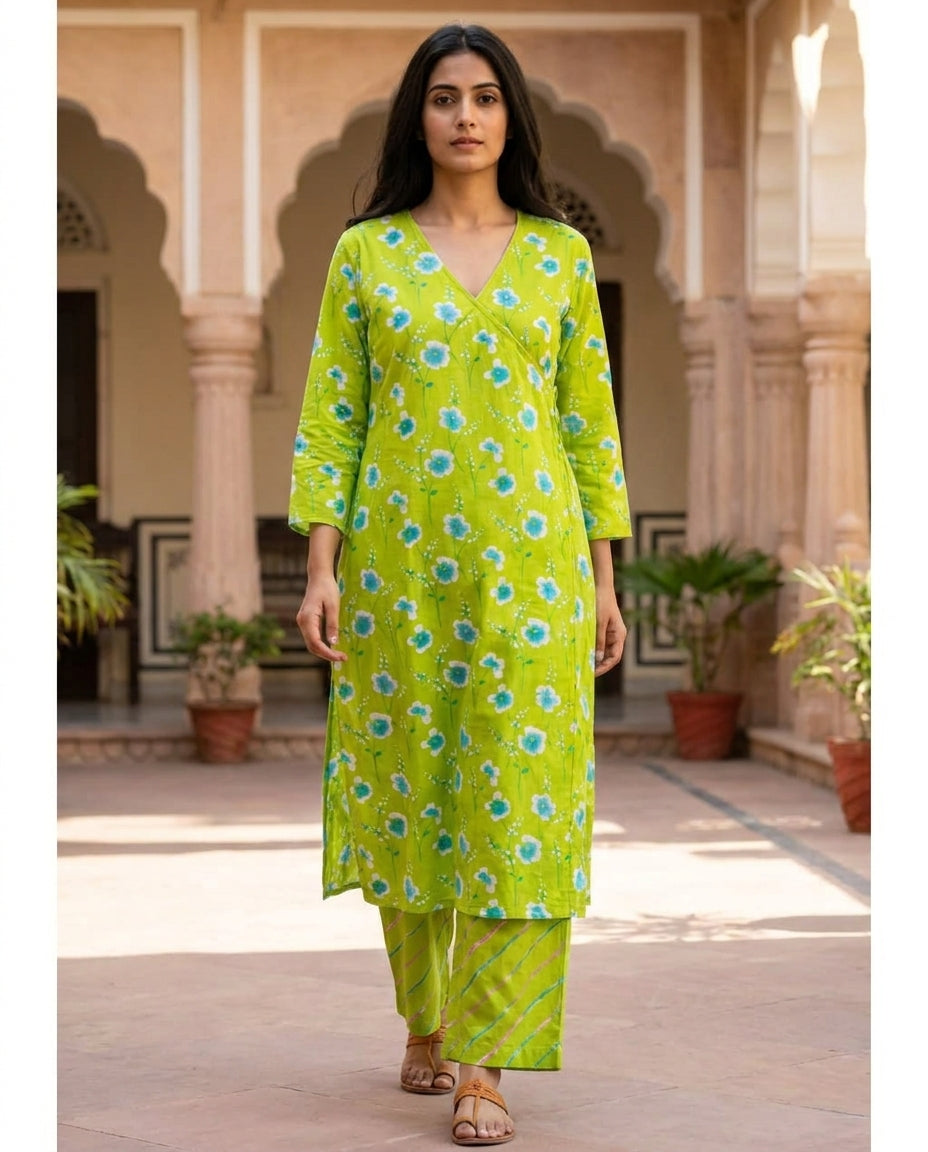 Green floral cotton kurta set - close front view