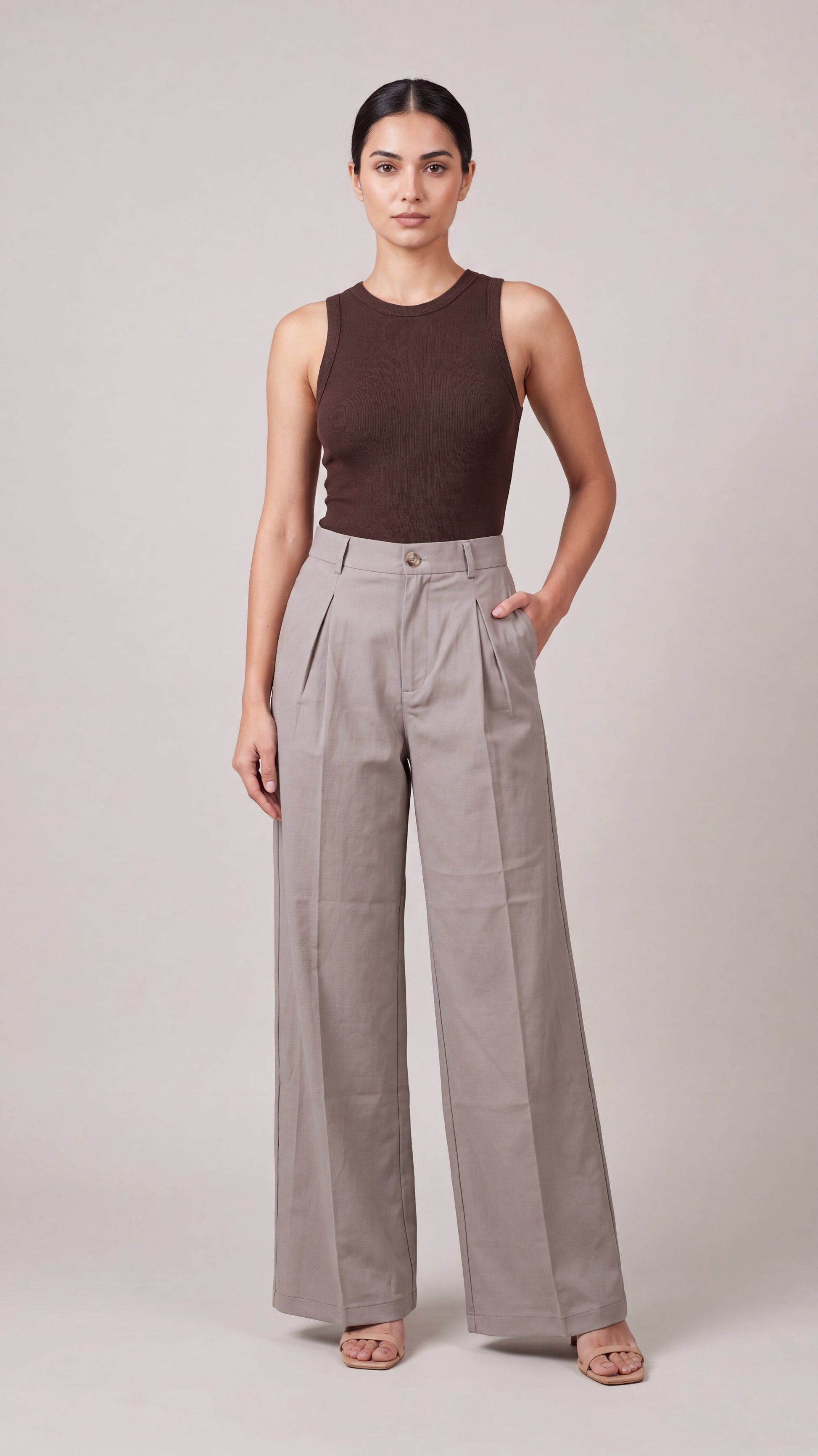 Khaki high waist wide leg pants - front view