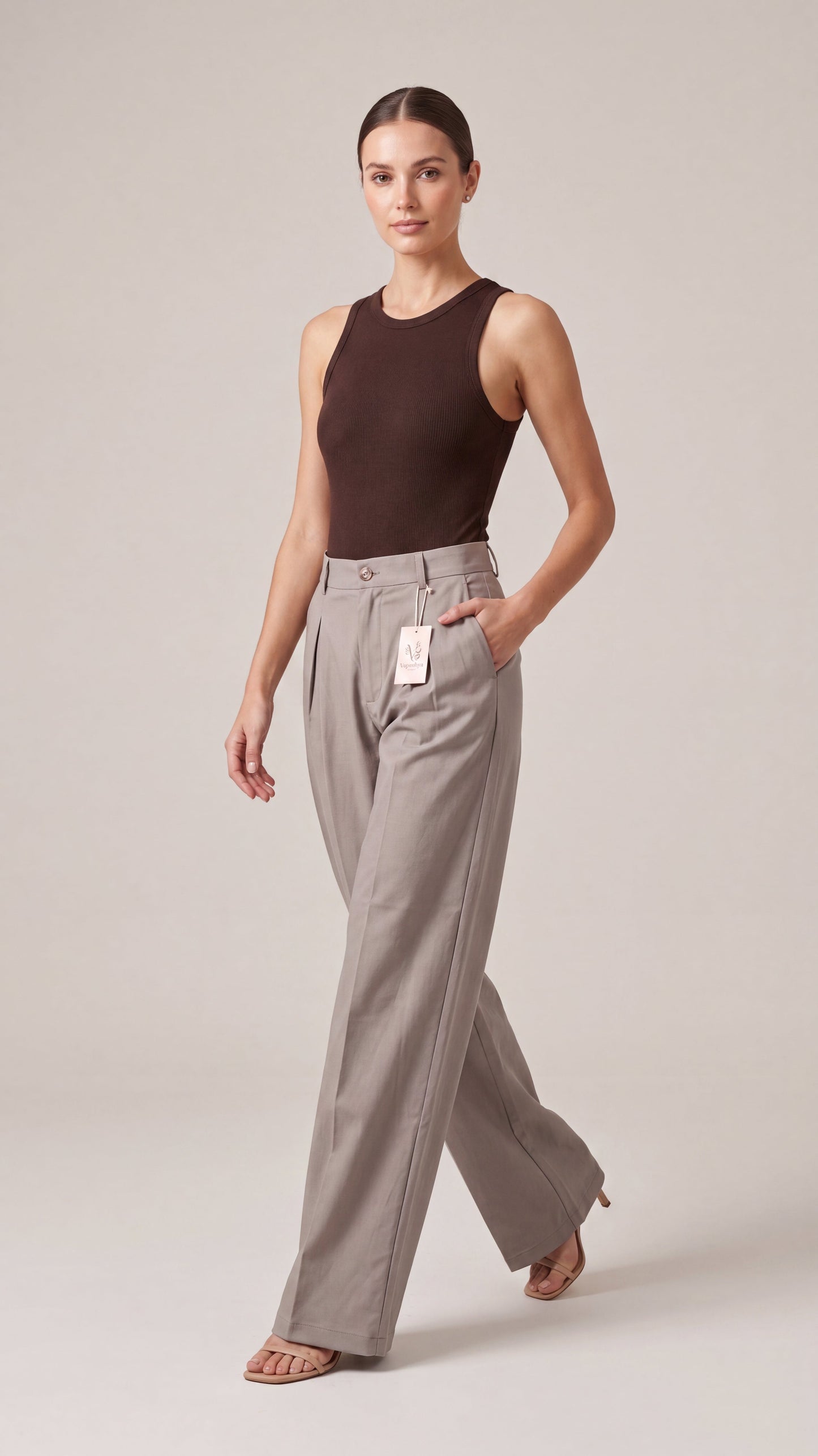 Khaki high waist wide leg pants - seated view