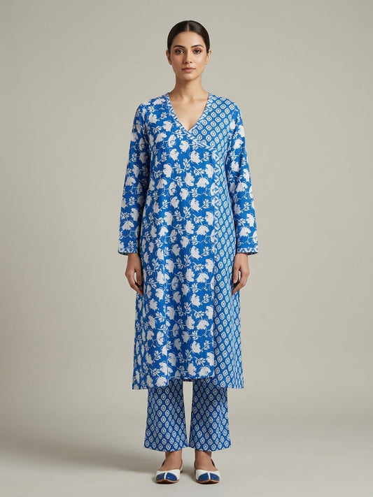 Blue floral angrakha kurta set - front view walking