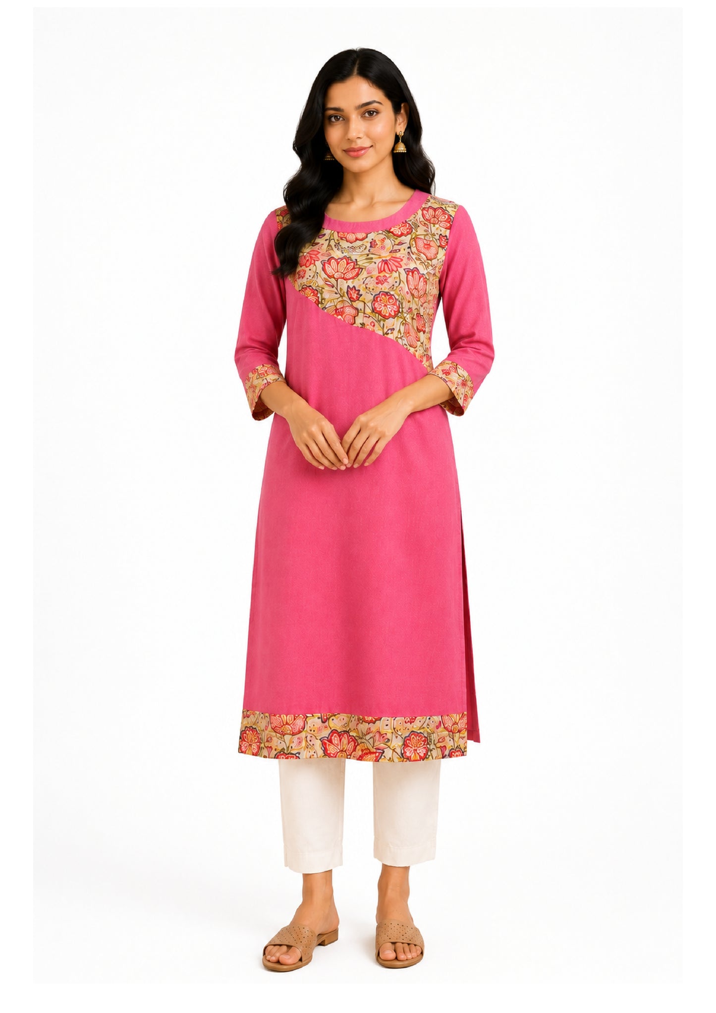 Floral Asymmetry Kurta - Rose Pink