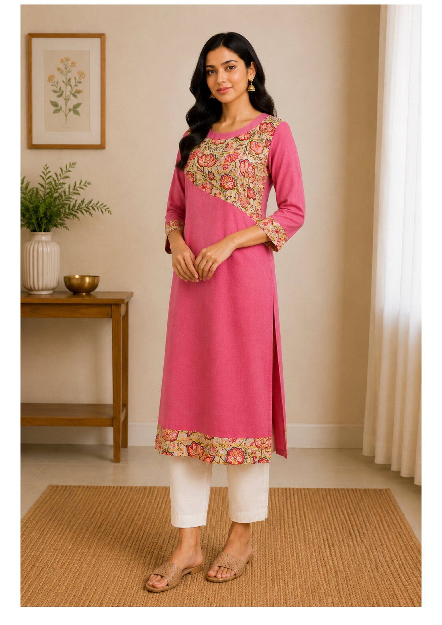 Floral Asymmetry Kurta - Rose Pink
