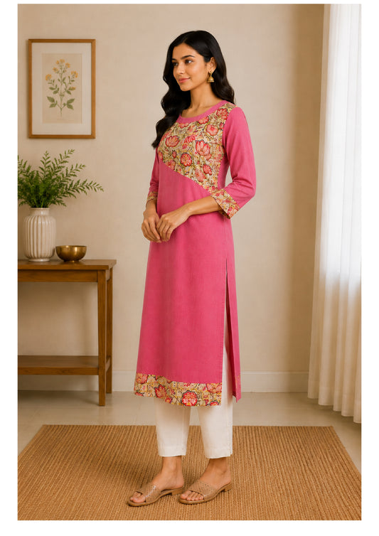 Floral Asymmetry Kurta - Rose pink with multicolour floral print