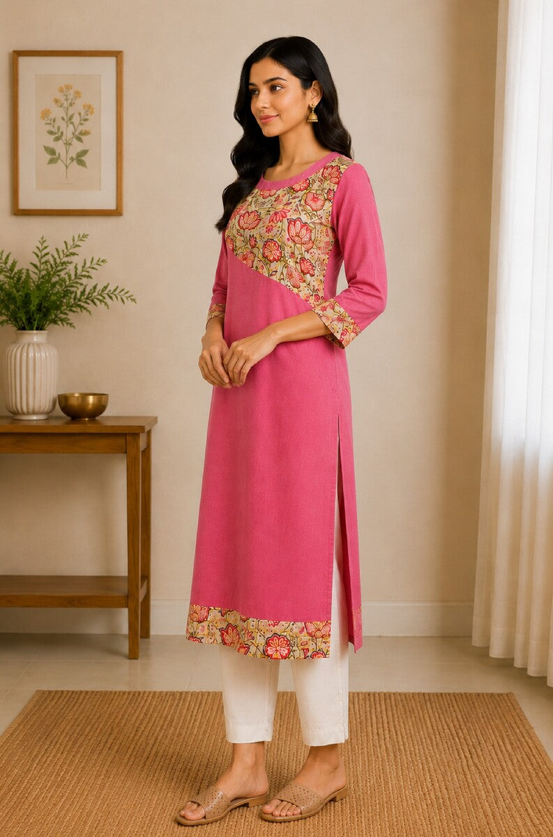 Floral Asymmetry Kurta - Rose pink with multicolour floral print