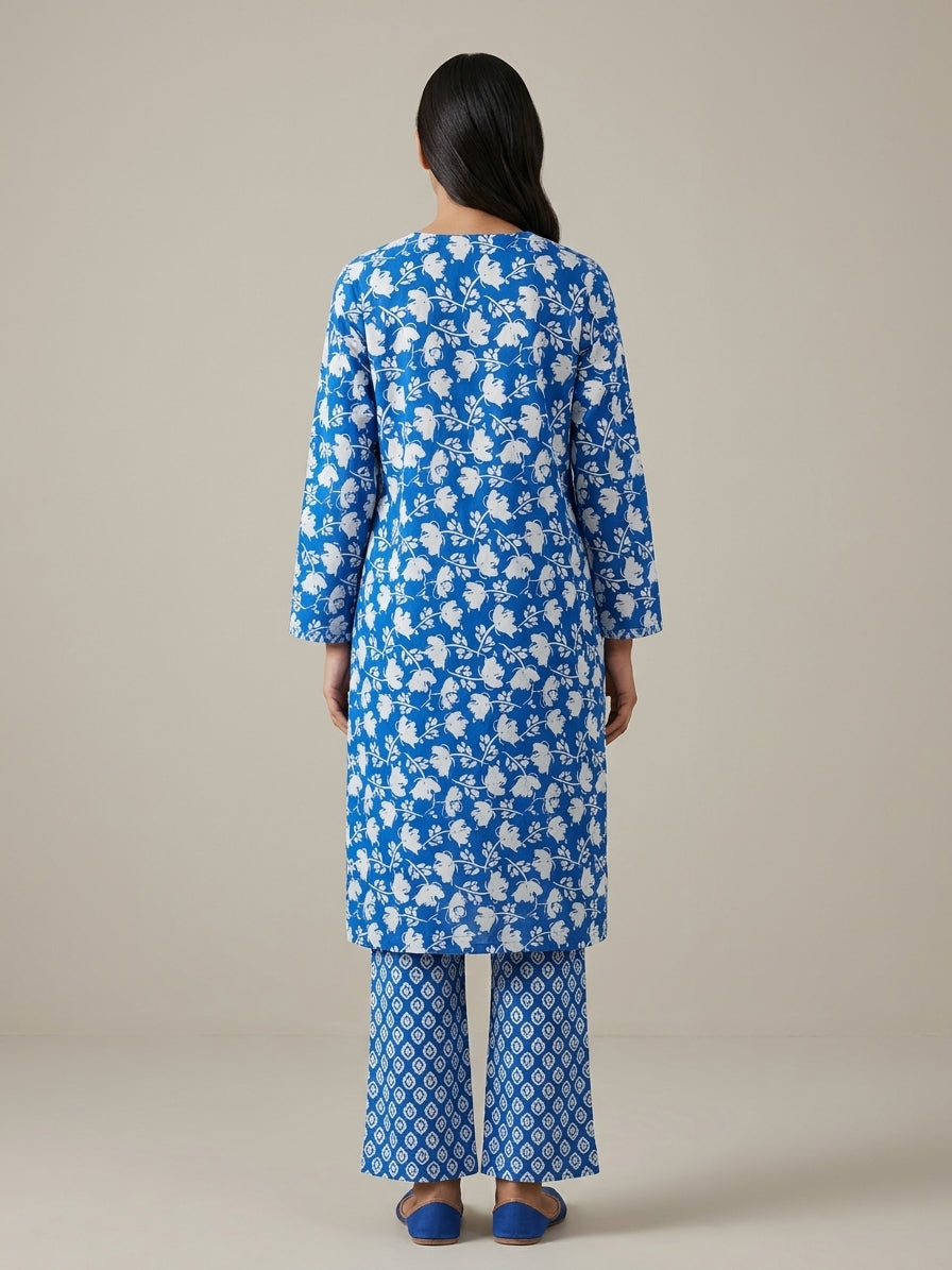 Blue floral angrakha kurta set - front view standing