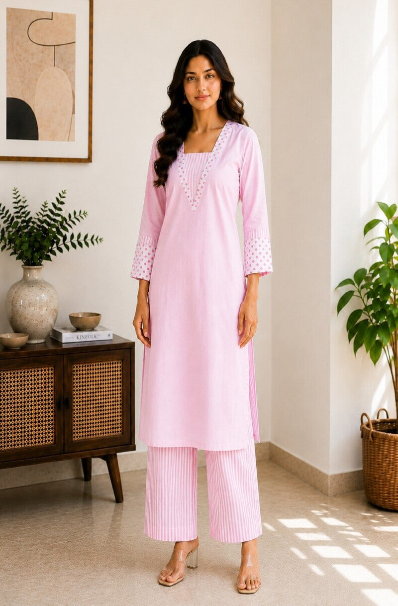 Pastel pink & gold stripe Cotton Polka Kurti & Pant Set