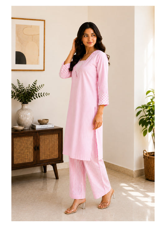 Pastel pink & gold stripe Cotton Polka Kurti & Pant Set