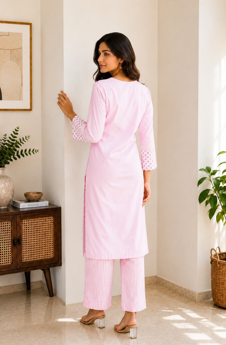 Pastel pink & gold stripe Cotton Polka Kurti & Pant Set