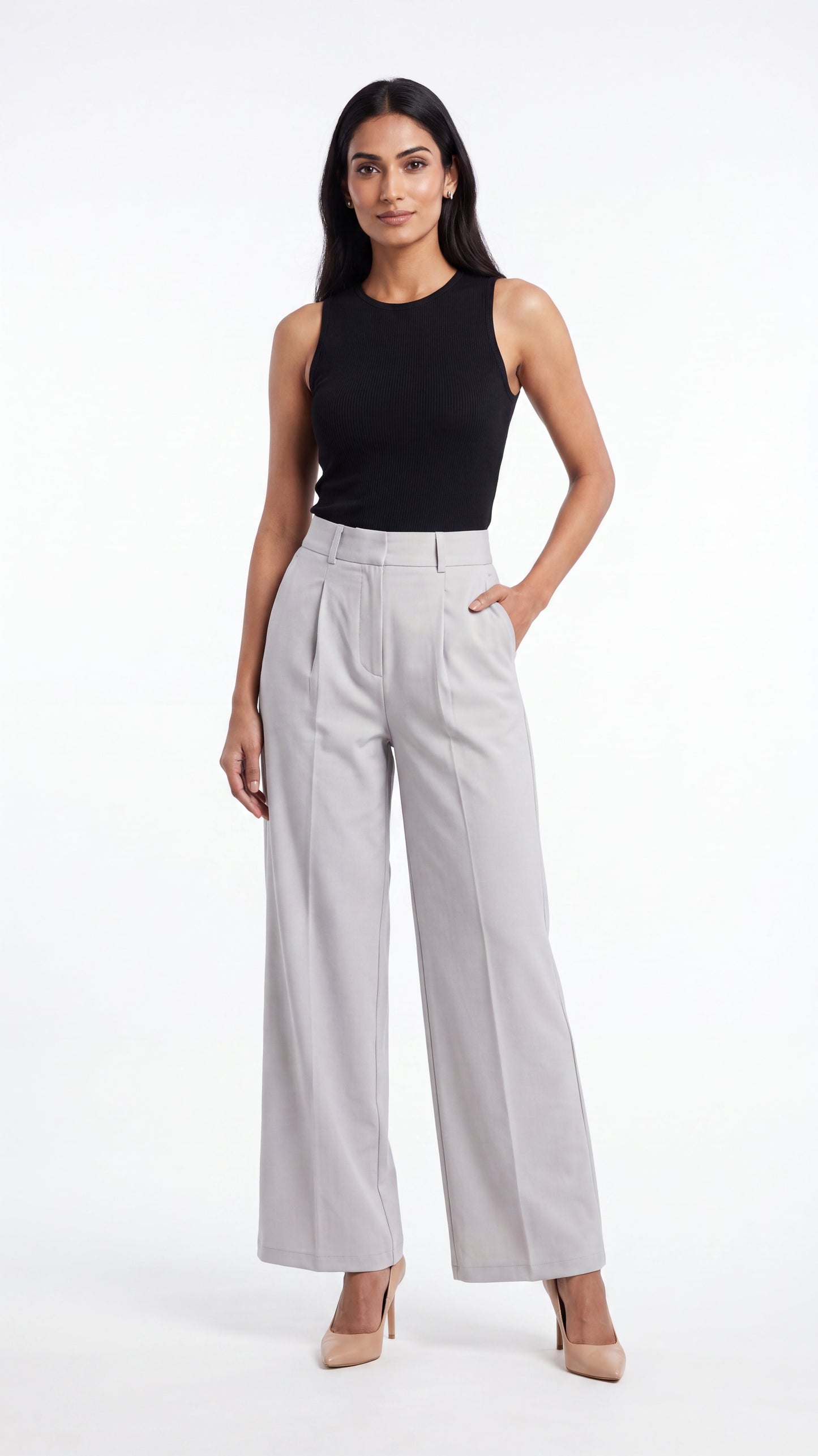 Steel grey high waist wide leg pants - front view