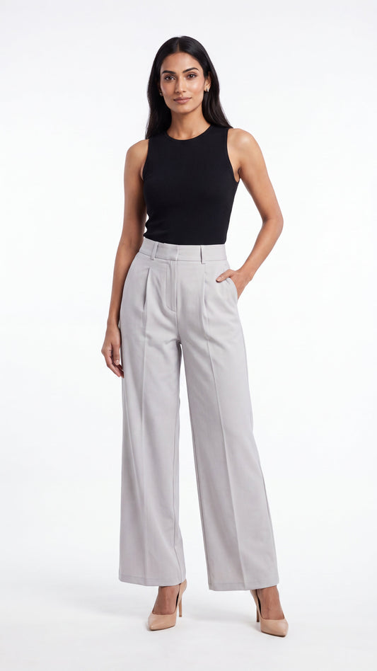 Steel grey high waist wide leg pants - front view