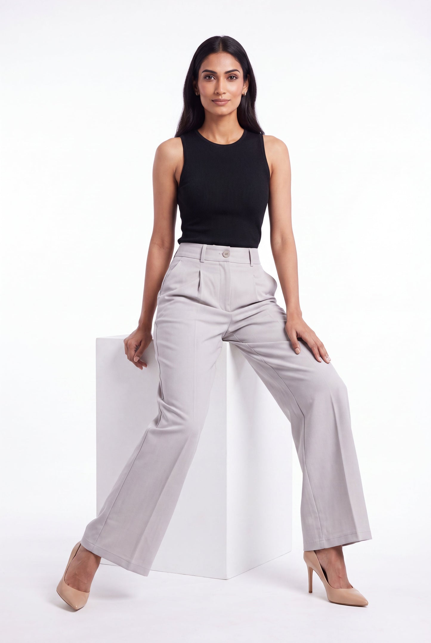 Steel grey high waist wide leg pants - seated view