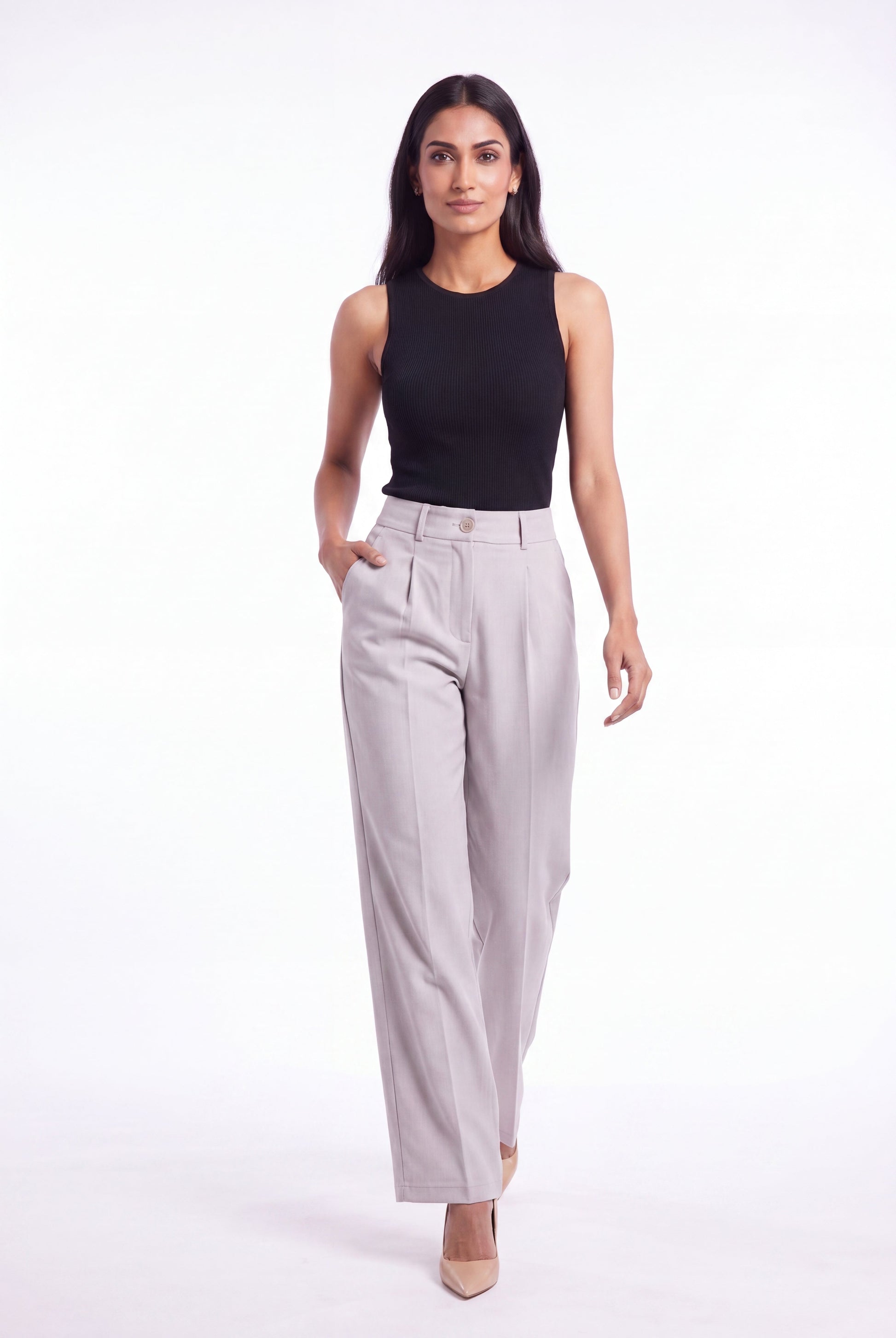 Steel grey high waist wide leg pants - walking view