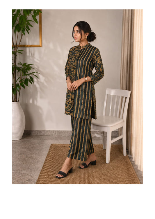 Black, mustard gold & teal Cotton Batik Stripe Ethnic Co-ord Set