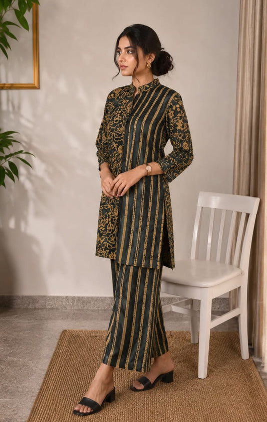 Black, mustard gold & teal Cotton Batik Stripe Ethnic Co-ord Set