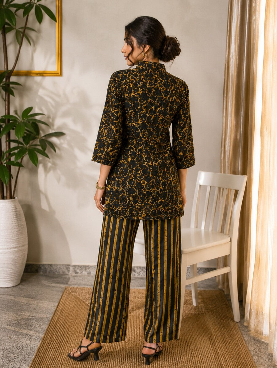 Black, mustard gold & teal Cotton Batik Stripe Ethnic Co-ord Set