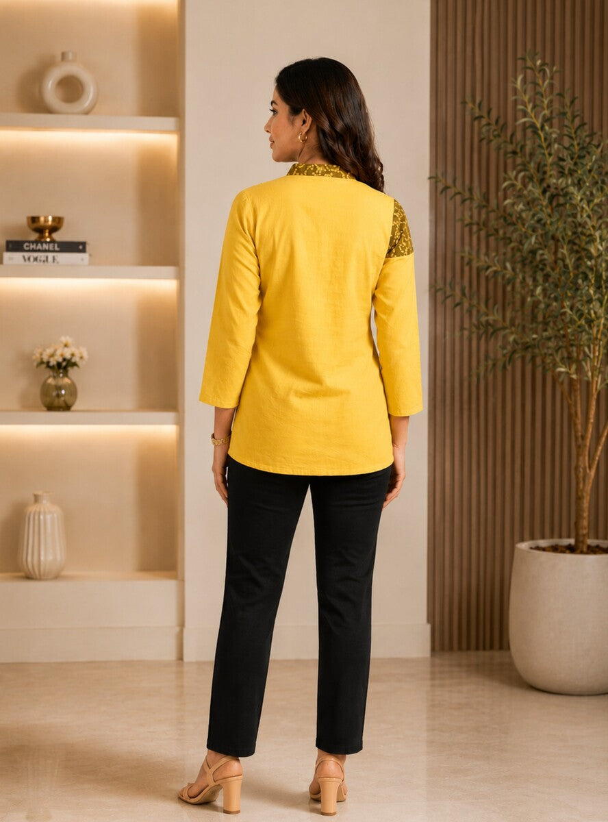 Yellow cotton Earthy Chic Block Print Top